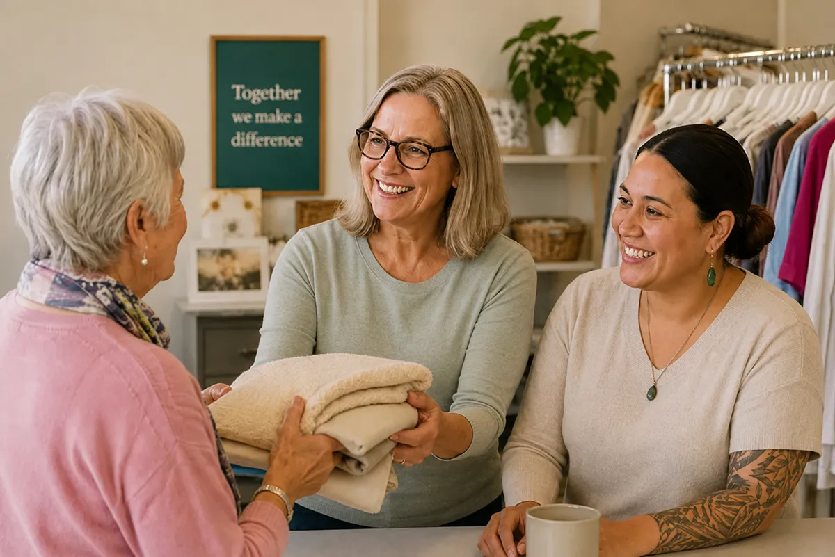 A warm, welcoming volunteer scene with genuine connection and a clear sense of community support A warm, welcoming volunteer scene with genuine connection and a clear sense of community support